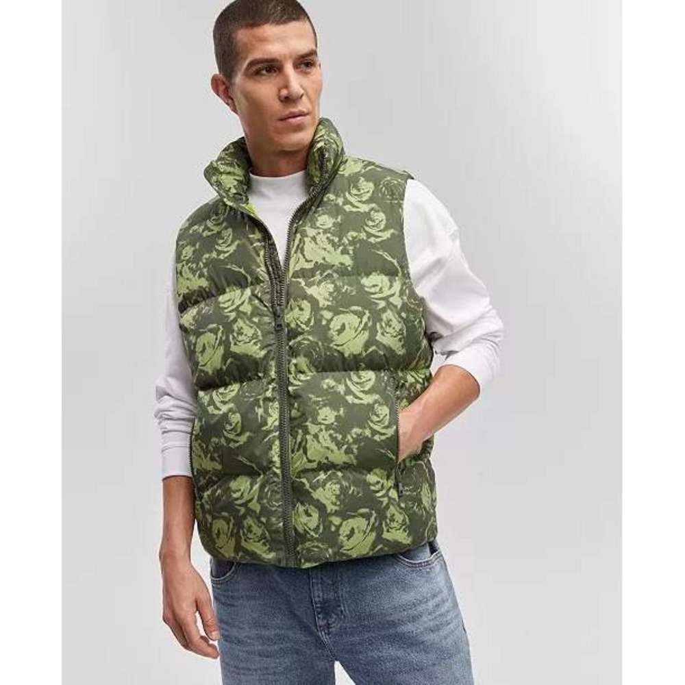 Mode‎ of One Mens Puffer Vest Wild Ivy Green Floral Print Full Zip Small FA24